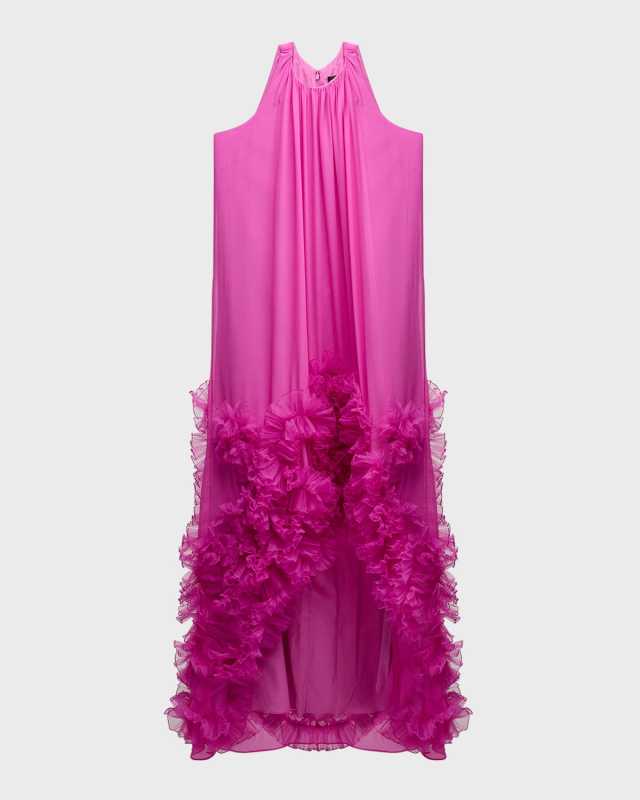 High-Low Ruffle-Trim Trapeze Gown